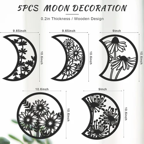 Miniatura 2 de Jetec 5 piezas de decoración de pared de fase lunar sobre la cama, 10.6 pulgadas de alto, estilo bohemio, fase lunar, adorno de pared de madera
