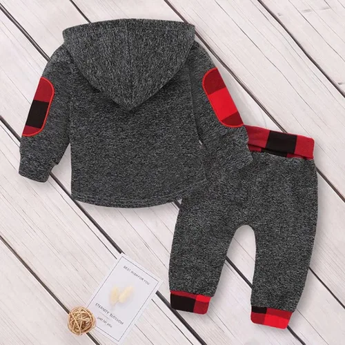 Miniatura 2 de Ropa de bebé niño para niños pequeños, traje de otoño e invierno, manga larga, bolsillo a cuadros, sudadera con capucha + pantalones, 2 piezas