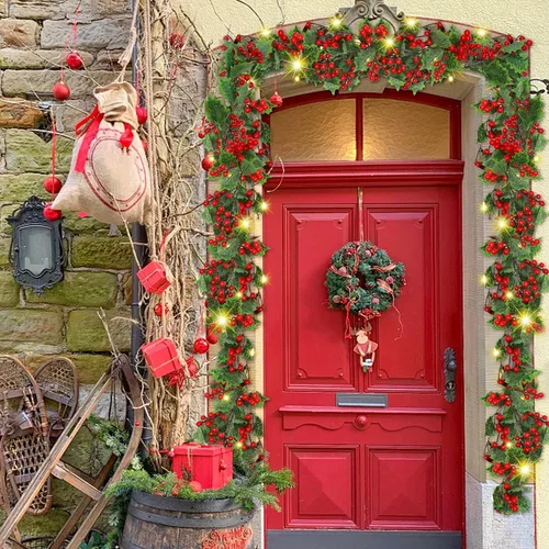 Miniatura 5 de ATDAWN - Guirnalda de Navidad de bayas rojas iluminada de 9 pies, guirnalda de Navidad operada por batería con luces, guirnalda artificial flexible
