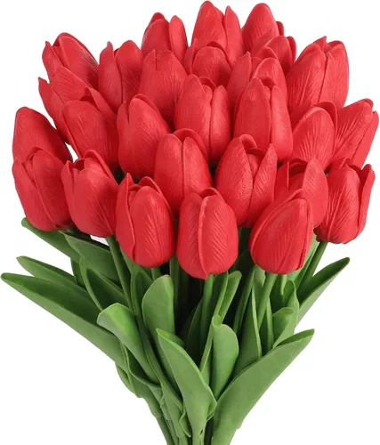 MACTING 30 flores artificiales de tulipanes – Ramo de tulipanes de poliuretano sintético de tacto real de 13.7 pulgadas para arreglos florales, Rojo