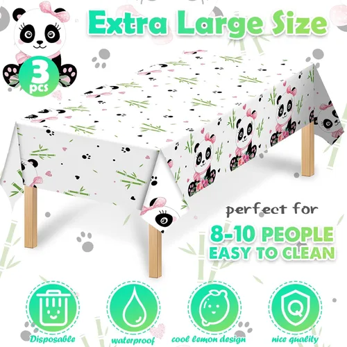 Miniatura 2 de Coume Paquete de 3 decoraciones de fiesta de cumpleaños de panda, manteles temáticos de panda, manteles grandes de plástico lindo para niños, fiesta