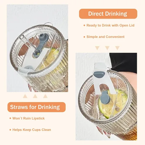 Miniatura 4 de Tazas de vidrio de 20oz con tapas y pitillos, 2 piezas de tazas de vidrio con tapas y pitillos, tazas de café helado con tapa, vasos para jugo