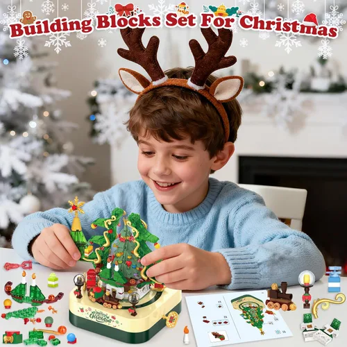 Miniatura 4 de Shemira Juego de 594 piezas de bloques de construcción de árbol de Navidad, caja de música giratoria de Navidad, juegos de construcción de juguetes