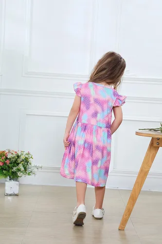 Miniatura 8 de Vestido de unicornio casual con mangas con vuelo para niñas pequeñas, vestido de verano para fiesta de cumpleaños, vestidos de verano de 1 a 8 años