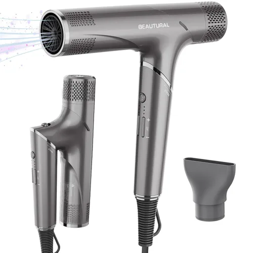Secador de pelo BEAUTURAL, secador de pelo plegable de alta velocidad de viaje de 1600 W, motor sin escobillas de 110.000 RPM con un millón de iones