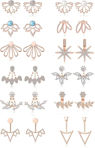 Tornito 6-12 pares de aretes de flor de loto, elegantes aretes de circonita cúbica, chaquetas para mujer, color plateado y oro rosa, Oro rosa Acero