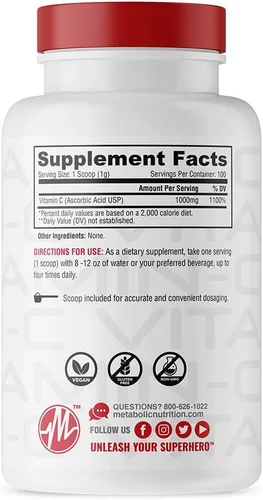 Miniatura 2 de Metabolic Nutrition Vitamina C, 1000 mg, grado farmacéutico puro, ácido ascórbico de alta absorción (3.53 oz)