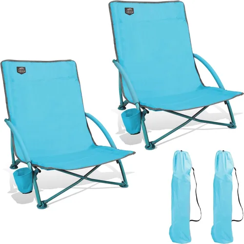 Paquete de 2 sillas bajas de playa, sillas reclinables plegables para adultos, sillas de camping ligeras de asiento bajo con soporte para tazas, Azul