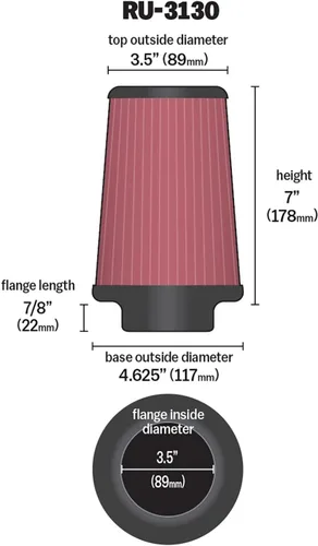 Miniatura 2 de K&N, filtro de aire universal RU-3130 con sistema de abrazaderas cónicas, medidas: brida 3,5 pulgadas; altura 7 pulgadas; base 4,625 pulgadas; parte