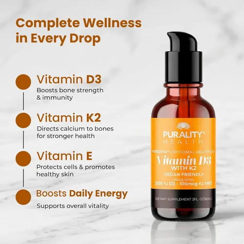 Miniatura 5 de PURALITY HEALTH Vitamina D3 con suplemento líquido K2, vegano, absorción mejorada liposomal micelle, sin OMG, suministro para 30 días