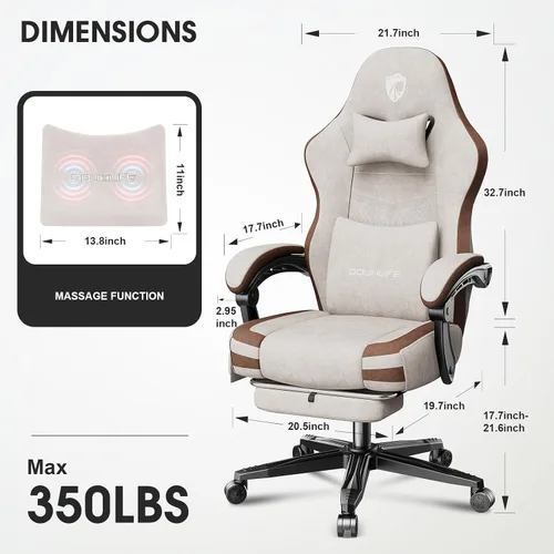 Miniatura 2 de Silla para videojuegos, silla de oficina de tela para computadora con masaje, silla ergonómica con reposapiés, soporte lumbar, cojín ensanchado