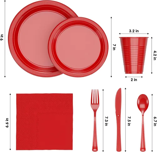 Miniatura 2 de 350 piezas de platos de plástico rojo para fiestas, juego de platos desechables rojos, 50 de cada juego de platos para cena de 9 pulgadas, platos