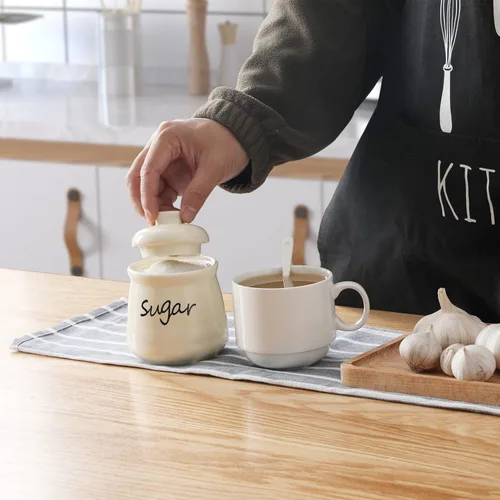 Miniatura 6 de ONTUBE Azucarero de cerámica con tapa y cuchara 12oz (beige)