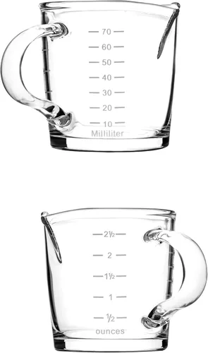 Miniatura 2 de QWORK Vaso de chupito de café expreso con asa, paquete de 4 vasos medidores de vidrio de doble boquilla de 3 onzas, taza de leche triple con dos