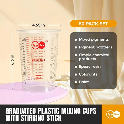 Miniatura 2 de Turbo Bee Vasos mezcladores de resina de 32 onzas – [diseño antiadherente] Paquete de 50 vasos mezcladores de plástico PP graduados de 33.8 fl oz