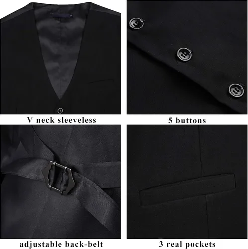 Miniatura 6 de HISDERN Chaleco de traje para hombre con 3 bolsillos para traje o esmoquin