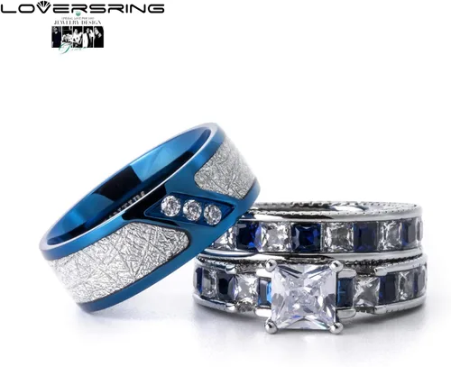 Miniatura 3 de LOVERSRING 3 piezas anillo de pareja nupcial conjuntos de mujeres chapado en oro blanco azul zafiro Cz hombre titanio banda anillo de boda para él