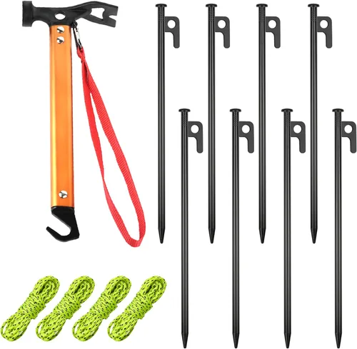 RIY Estacas de tienda de campaña, 8 estacas de acero resistentes de 12 pulgadas con martillo de campamento de 12 pulgadas