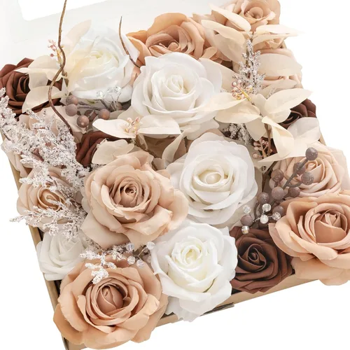 Miniatura 16 de Ling's moment Caja de Flores Falsas, Tallos de Vegetación Artificial Falsa Rosas de Espuma Dalias de Seda Hojas de Rosa Flor de Tela para Centros