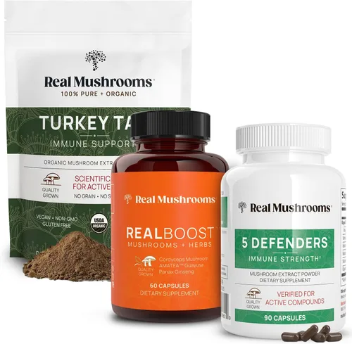 Real Mushrooms RealBoost (60 ct), 5 defensores (90 unidades) y polvo de hongos de cola de pavo y cápsulas – Suplemento de hongos para energía,