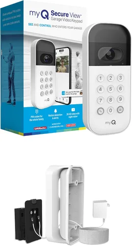 myQ Smart Garage Door Video Keypad + Wired Power Adapter Kit, with Wide-Angle Camera, Customizable PIN Codes, and Smartphone Control, Works with