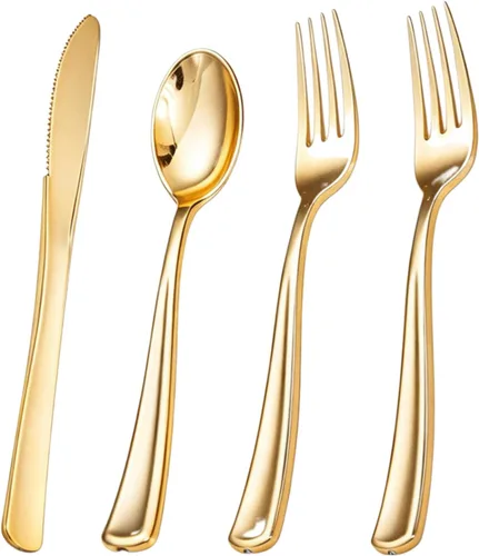 Miniatura 11 de Liacere 200 tenedores de plástico dorados, pesados, tenedores resistentes de 7.4 pulgadas, cubiertos de plástico dorado perfectos para fiestas