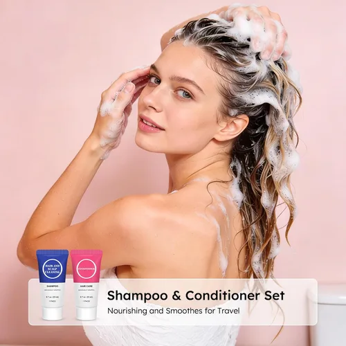 Miniatura 4 de Juego de champú y acondicionador de tamaño de viaje, pequeña prueba de champú para el cabello, kit de acondicionador de muestra de mini artículos