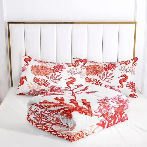 Miniatura 4 de Suncloris Juego de edredón coral océano para niños y adultos, edredón tamaño Queen con temática de hipocampo tropical rojo con 2 fundas de almohada