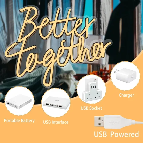 Miniatura 3 de Letrero de neón Better Together, letrero de luz LED de neón ajustable con fondo alimentado por USB, luz colgante para boda, bar, cumpleaños