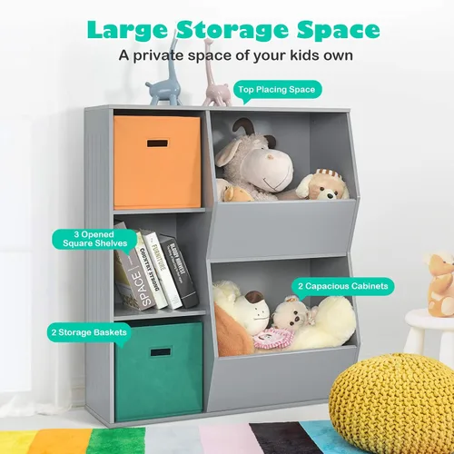 Miniatura 4 de HONEY JOY Organizador de almacenamiento de juguetes para niños con 5 cubículos, estantería y estantería para niños con 2 cajas de almacenamiento