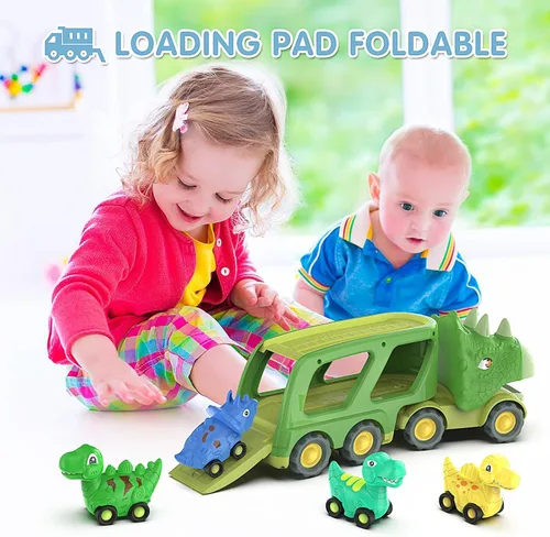 Miniatura 4 de Juguetes de dinosaurio para niños de 2 a 4 años, camión transportador de automóvil de dinosaurio con 4 autos de dinosaurio de tracción hacia atrás