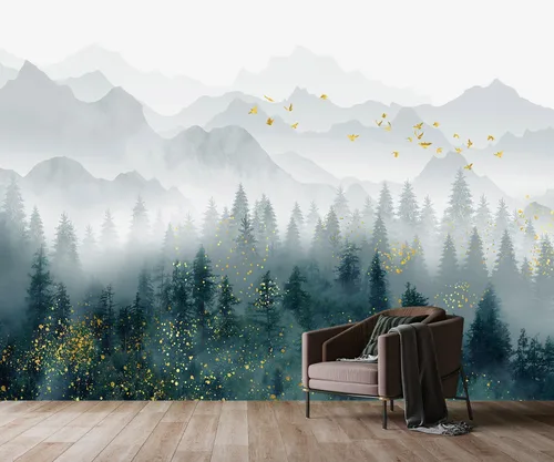 Miniatura 2 de YQWDMX - Papel pintado con bosque de pinos brumosos y mural dorado para dormitorio (no despegar y pegar)