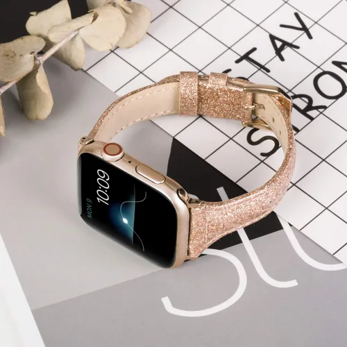 Miniatura 4 de Wearlizer - Correa de repuesto de piel fina con purpurina compatible con correas de Apple Watch de 1.496 in, 1.575 in, 1.654 in, 1.732 in