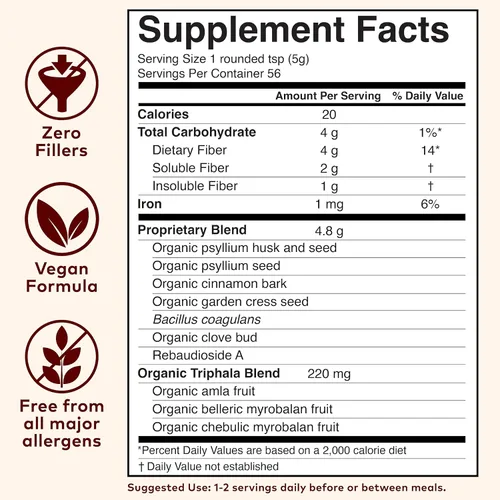 Miniatura 3 de ORGANIC INDIA Polvo de cáscara de psyllium – Suplemento de fibra pre y probiótica, suplemento de fibra de cáscara de psyllium orgánica con cáscara