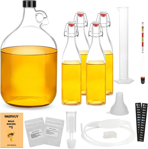 Mead Making Kit para principiantes – Juego completo de iniciación de elaboración casera con suministros reutilizables, tarro de fermentación de vino