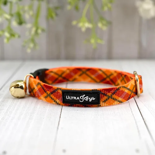 Miniatura 3 de Ultra Joys Collar de gato con campanas - Separable para gatitos y gatos - Estampado a cuadros naranja pequeño Solo cuello a cuadros