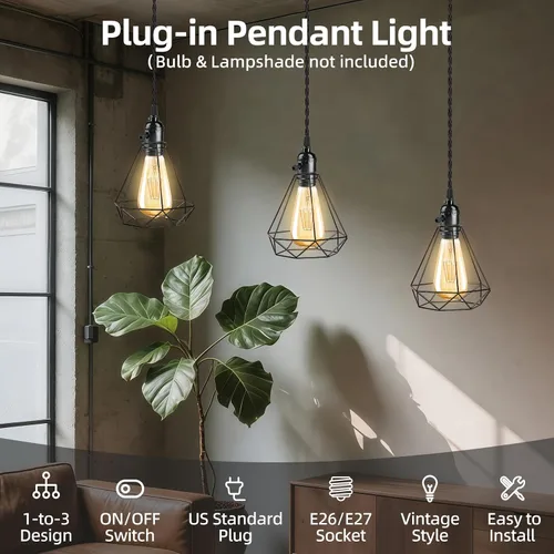Miniatura 2 de Kit de luz colgante vintage enchufable con portalámparas colgantes E26/E27 de 1 a 3, luz colgante industrial con interruptores rotativos