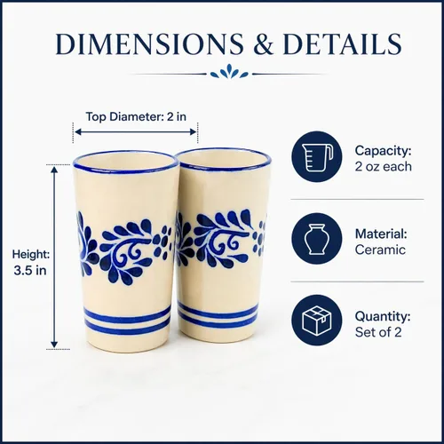 Miniatura 3 de Juego de 2 vasos de chupito pintados a mano, tazas de tequilero de 2 onzas, flores azules clásicas Abajo, Mezcal Sangrita de tequila, hecho a mano