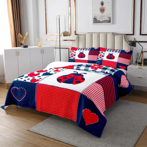 Miniatura 2 de Linda colcha de mariquita tamaño individual, juego de ropa de cama de retazos de cuadrícula para niños, niñas, niños, adolescentes, decoración