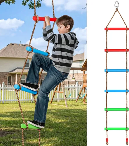 Escalera de cuerda de escalada de 6.6 pies para niños, escalera de cuerda colgante para juego de interior y casa de árbol al aire libre, juego de