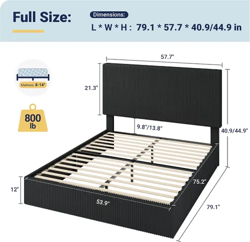 Miniatura 2 de Allewie Base de cama matrimonial, cama tapizada, cabecera capitoné de canal vertical ajustable, tela de pana, perfil bajo moderno, listones