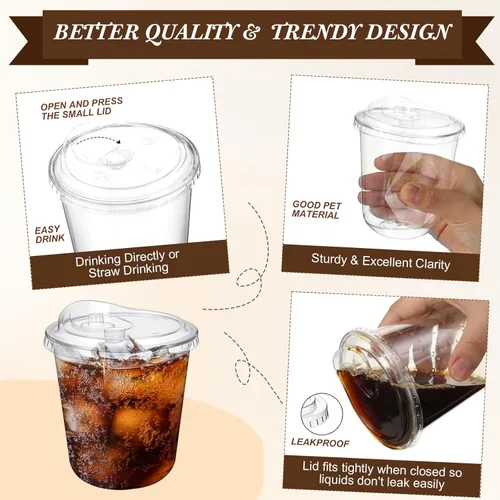 Miniatura 6 de LemonRoad Paquete de 200 vasos de plástico transparente de 12 onzas con tapa para sorber sin pajilla, taza de café helado de plástico desechable