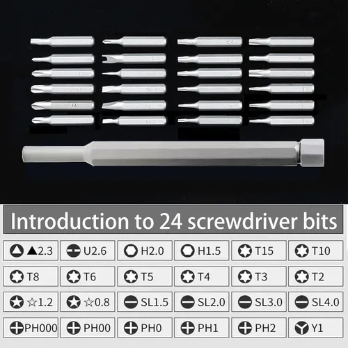Miniatura 6 de Kit de destornilladores de precisión con funda magnética de aleación de aluminio de empuje para abrir, 24 puntas para teléfono, computadora, reloj
