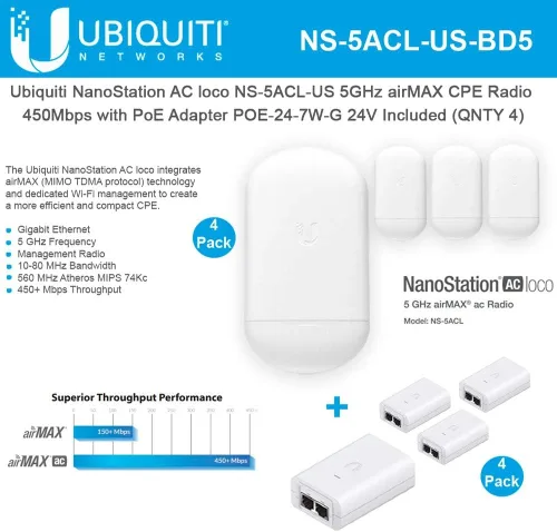 Miniatura 2 de NanoStation AC loco NS-5ACL-US Loco5ac 5GHz 802.11ac airMAX CPE Radio 450Mbps Punto de acceso inalámbrico (paquete de 4) con PoE POE-24-7W-G