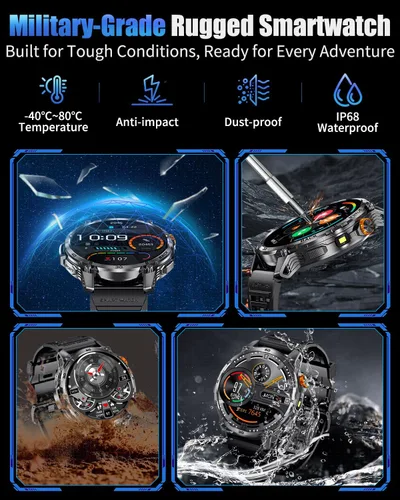 Miniatura 4 de Military Smart Watch for Men, Rugged Tactical Smartwatch with 1000mAh Battery & LED Flashlight, 1.7" HD Fitness Tracker with Bluetooth Call, Heart
