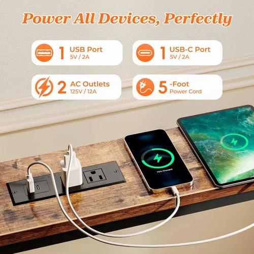 Miniatura 5 de SUPERJARE - Mesa de sofá de 102 pulgadas con 2 tomas de corriente y puertos USB-C, mesa consola estrecha de 5.9 pulgadas con almacenamiento, Marrón