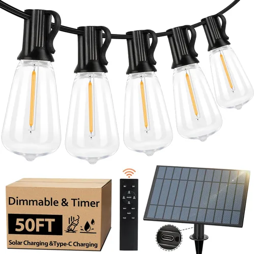 Bosceos Cadena de luces solares de 50 pies para exteriores, luces de cadena al aire libre alimentadas por energía solar, luces de patio regulables