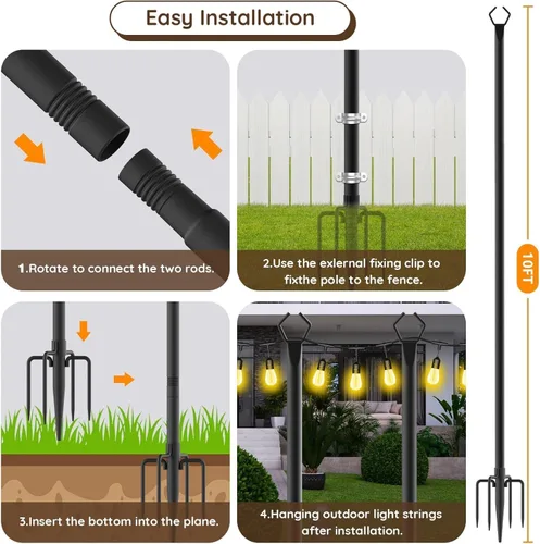 Miniatura 7 de AILBTON 10Ft String Light Poles 6 Pack,Light Poles for Outside Lights,Outdoor with Fence Brackets Hanging Lights,Metal Stand Deck Patio Backyard
