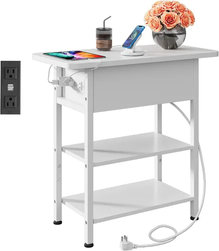 Miniatura 11 de WLIVE Mesa auxiliar con estación de carga, mesa auxiliar estrecha con estante de almacenamiento, mesita de noche pequeña con puertos USB y tomas