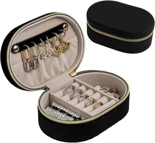 Changsuo Joyero de terciopelo de felpa para viajes, pequeño joyero para mujeres, organizador de viaje de joyería (ébano)